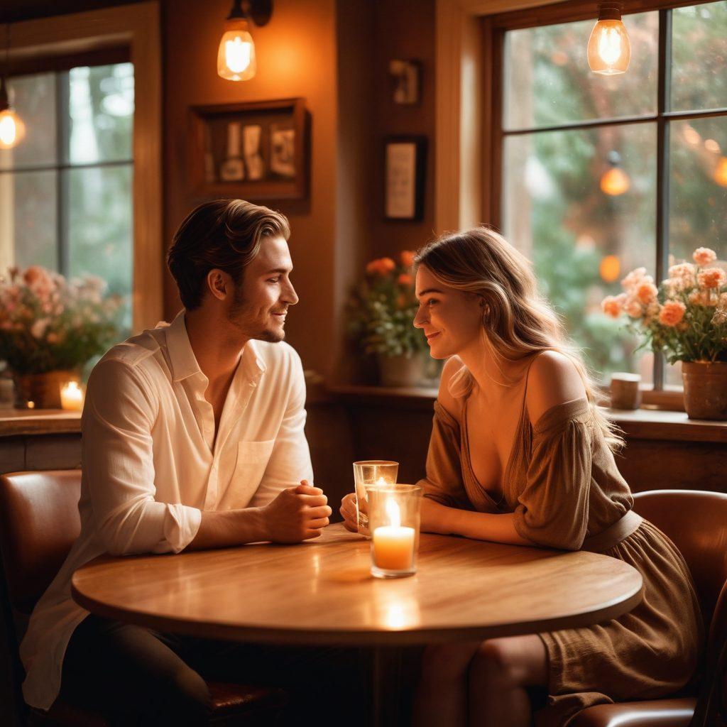 A romantic scene featuring two individuals engaged in a flirtatious conversation, surrounded by soft candlelight and warm colors. Include subtle elements of sensuality, like gentle touches and meaningful eye contact, set in an intimate café setting. The background is adorned with lush flowers and soft textures, creating an inviting atmosphere. Emphasize connection and warmth in their expressions. super-realistic. warm tones. soft focus.