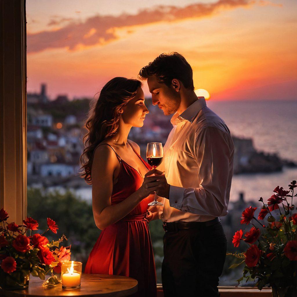 A romantic scene featuring a couple against a backdrop of a sunset, igniting passion with warm, glowing colors; soft lighting that casts gentle shadows, flowers symbolizing love, and hints of intimacy like intertwined hands or a shared gaze; subtle elements of seduction like a flickering candle and a glass of red wine. super-realistic. vibrant colors. soft focus.