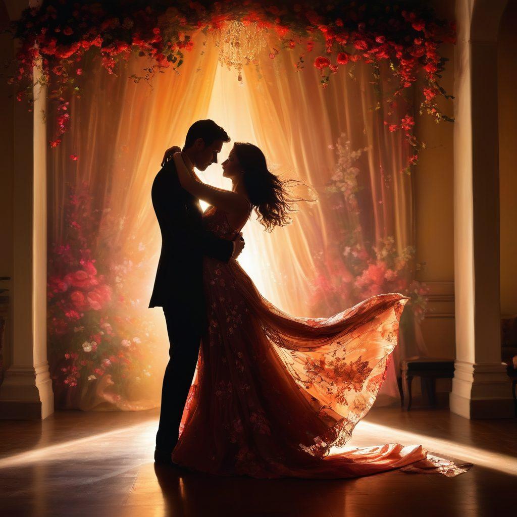 A captivating scene illustrating an intimate dance between a couple surrounded by soft, warm lighting that exudes romance and allure. The couple, dressed in elegant, flowing attire, showcases sensual movements that embody passion and connection. Silhouetted lovers entwined with floral accents, suggesting beauty and attraction. A hint of luxurious fabrics and sparkling elements in the background to enhance the atmosphere of seduction. painting. vibrant colors.
